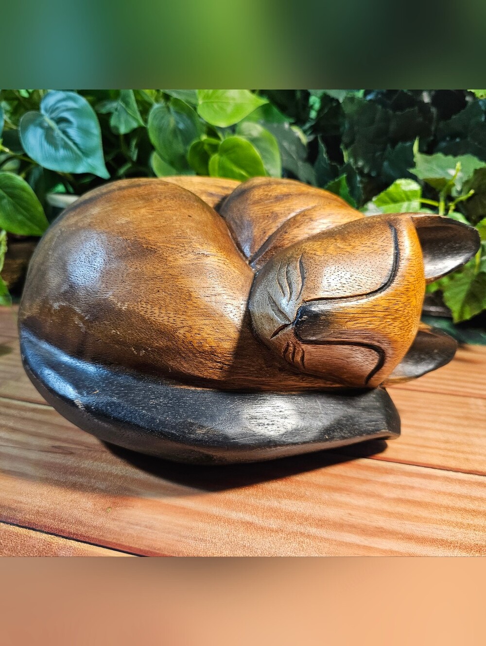 Cat Vintage Hand-Carved Wooden Sleeping Siamese Cat Sculpture Figurine Statue,